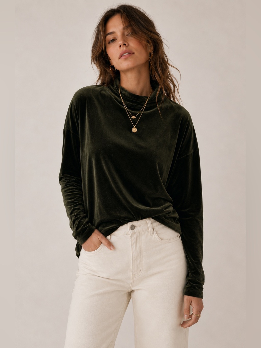 Banana Republic Factory Dark Green Velvet Mock Neck Top M